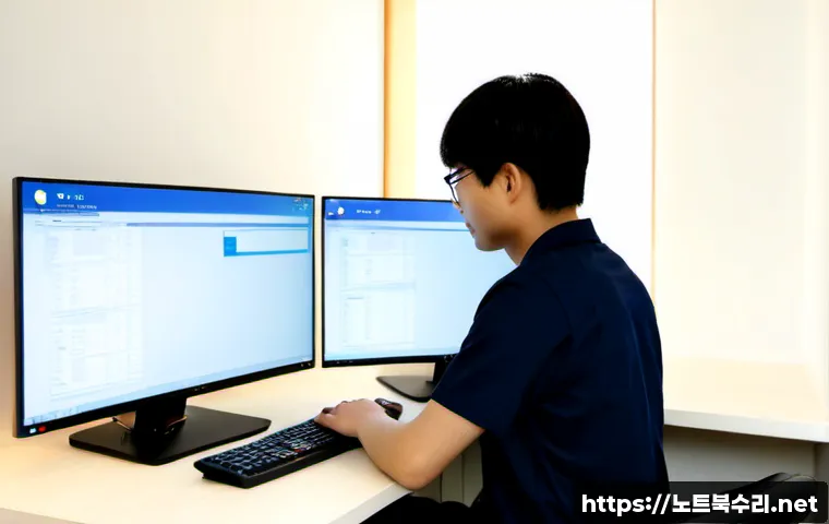 성복동 SESSION_HAS_NO_PAGEFILE - Photorealistic remote-support workstation in a modern Seongbok-dong apartment study, dual monitors s...