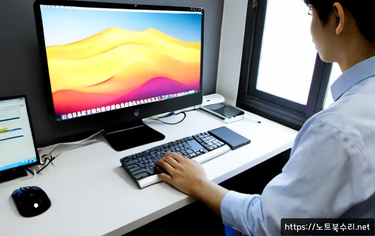 신읍동 맥윈도우 부트캠프_bootcamp 재설치 포맷  초기화 - Photorealistic Apple-style all-in-one computer repair workstation in a quiet Korean neighborhood off...