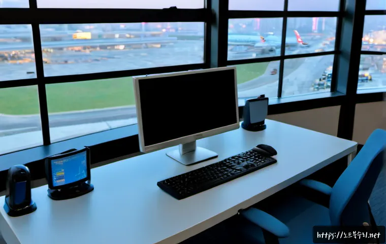 운서동 절전모드 - Photorealistic modern office workstation in an airport-area business district, dual monitors showing...