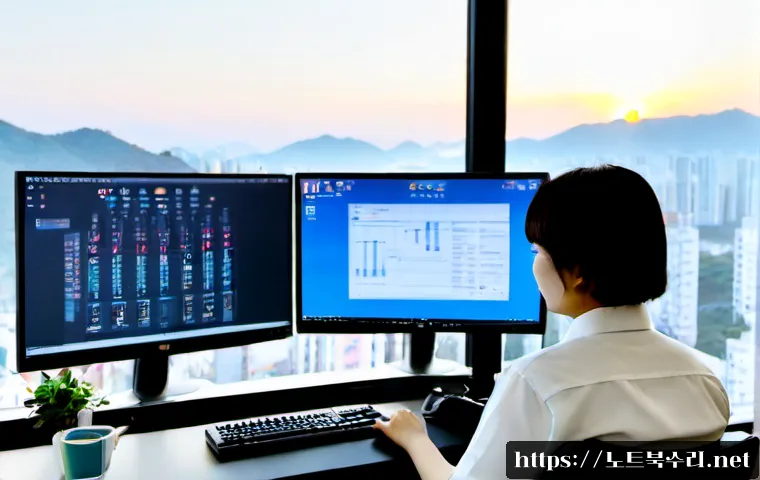기산동 STATUS_NO_MEMORY - Photorealistic remote-support workstation in a quiet Gisan-dong apartment office, dual monitors show...