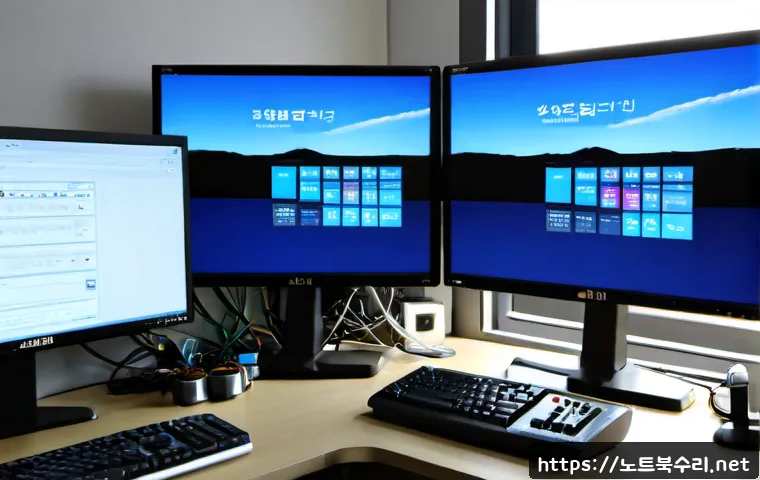 중구 NDIS_INTERNAL_ERROR - Photorealistic IT support workstation in a compact Jung-gu office, dual monitors showing a blank blu...