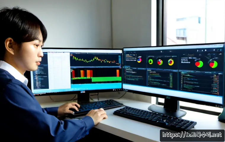 청림동 STATUS_FILE_CORRUPTION - Photorealistic IT support workstation in a compact hillside neighborhood office, dual monitors showi...