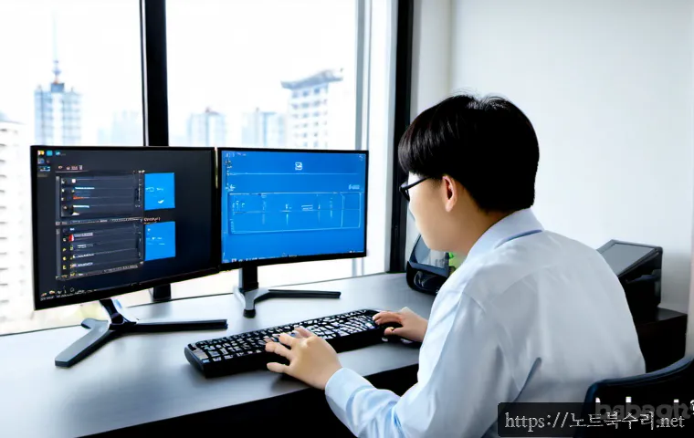 시흥시 DRIVER_PORTION_MUST_BE_NONPAGED - Photorealistic remote-support workstation in Siheung Baegot, dual monitors showing a blank blue erro...