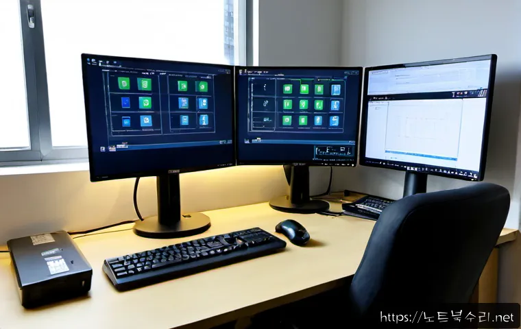 운양동 STATUS_DEVICE_OFFLINE - Photorealistic remote-support workstation in a quiet Unyang-dong apartment office, dual monitors sho...