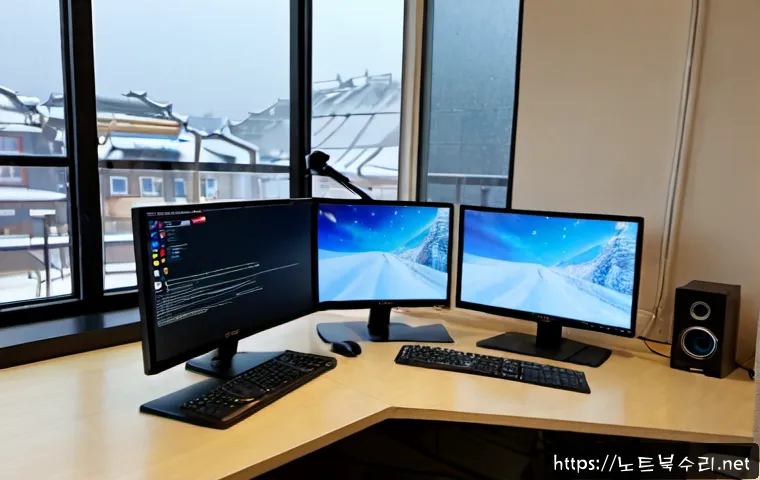 삼각동 프로그램응답없음 - Photorealistic remote-support workstation in a compact Samgak-dong office, dual monitors showing a f...