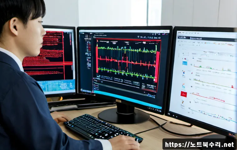 상사창동 ATTEMPTED_EXECUTE_OF_NOEXECUTE_MEMORY - Photorealistic cybersecurity workstation in a compact Chang-dong office, dual monitors showing abstr...