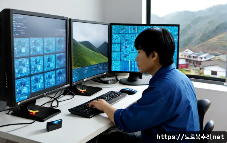 선단동 STATUS_KERNEL_INIT_FAILURE - Photorealistic IT technician at a clean dual-monitor workstation, investigating a desktop computer s...