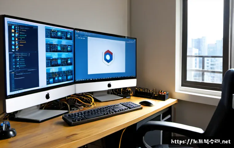 현천동 STATUS_MEMORY_OVERFLOW - Photorealistic IT support workstation in a compact low-rise neighborhood office, dual monitors showi...