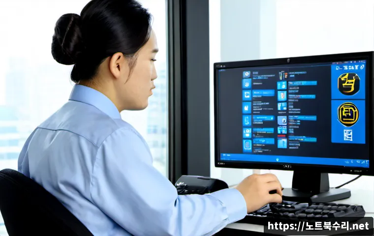 감북동 SYSTEM_THREAD_EXCEPTION_NOT_HANDLED - Photorealistic Korean IT technician diagnosing a desktop workstation with a blue crash-style screen ...