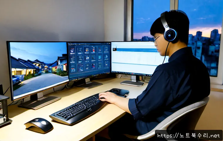 여월동 STATUS_MODULE_ACCESS_DENIED - Photorealistic remote-support workstation in a quiet Yeowol-dong apartment office, dual monitors dis...