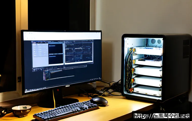 동산동 절전모드 - Photorealistic compact PC repair workstation in a quiet Dongsan-dong apartment office, dual monitors...