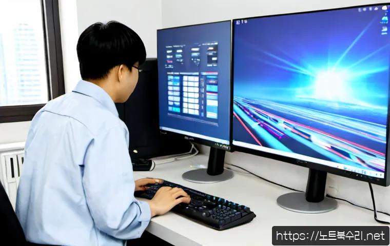 영천동 STATUS_KERNEL_DRIVER_CORRUPTION - Photorealistic IT support workstation in a compact Yeongcheon-dong apartment office, dual monitors s...