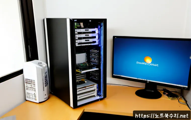 인수동 STATUS_SYSTEM_FILE_MISSING - Photorealistic computer repair workstation in a compact Insub-dong apartment office, technician reco...
