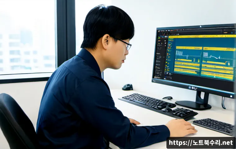마포구 NTLDR is compressed - Photorealistic IT support workstation in Mapo-gu, Seoul, an open desktop tower beside a dual-monitor...