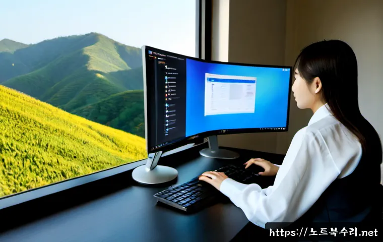 회덕동 STATUS_SYSTEM_FILE_MISSING - Photorealistic remote-support workstation in a compact Korean home office, dual monitors showing a b...