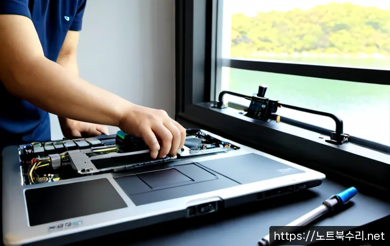 석촌동 맥북프로 판매 및 수리 - Photorealistic premium aluminum laptop repair workstation in Seokchon-dong, technician replacing int...