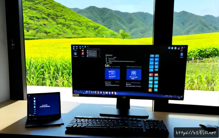 청운면 STATUS_KERNEL_DEBUG_FAILURE - Photorealistic remote IT support workstation in a quiet rural Korean office, dual monitors showing a...