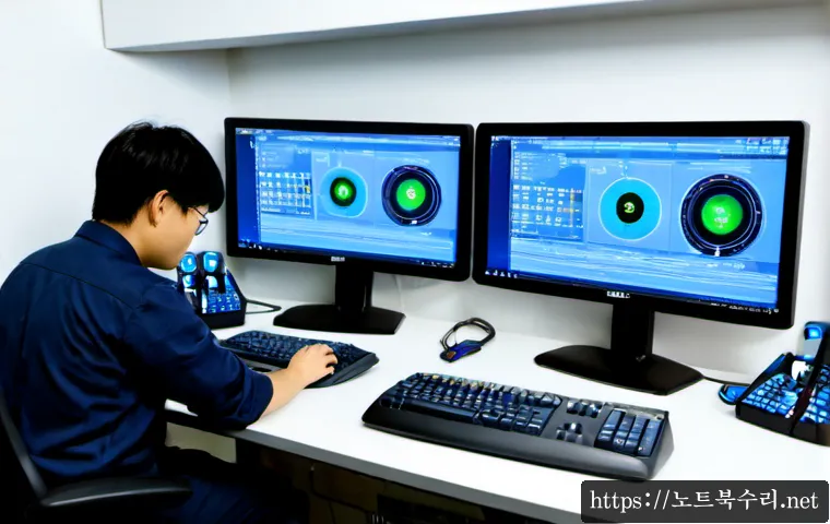 오쇠동 STATUS_KERNEL_APC_PENDING - Photorealistic IT support workstation in a compact industrial office near low warehouse buildings, d...