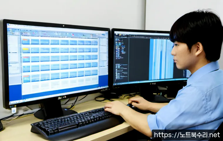 쌍림동 POOL_CORRUPTION_IN_FILE_AREA - Photorealistic IT support workstation in a compact Euljiro-area office, dual monitors showing abstra...