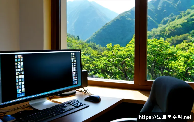 삼각산동 STATUS_INVALID_IMAGE_FORMAT - Photorealistic IT support workstation in a quiet hillside neighborhood office, dual monitors showing...