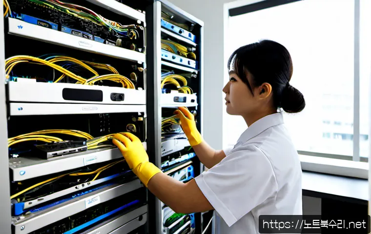 포일동 server출장방문수리점 - Photorealistic onsite server repair inside a compact Foil-dong office, technician connecting diagnos...