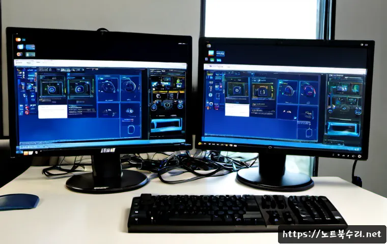세교동 STATUS_INVALID_PARAMETER - Photorealistic PC repair workstation in a compact Korean suburban office, dual monitors showing abst...