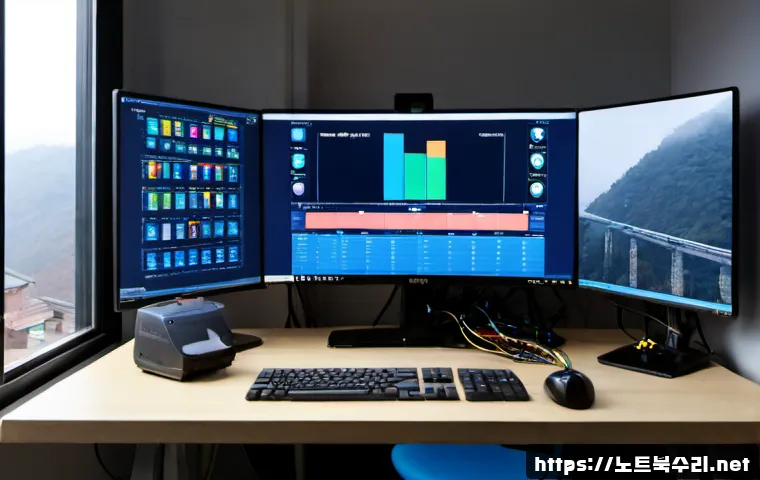 산천동 DRIVER_CAUSED_SYSTEM_CRASH - Photorealistic desktop support workstation in a compact hillside neighborhood office, dual monitors ...