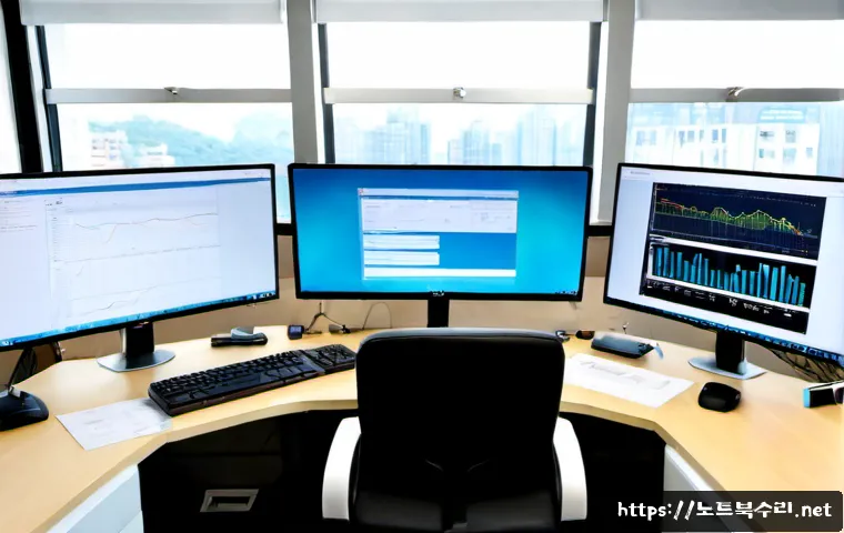 영등포구 SESSION_HAS_NO_PAGEFILE - Photorealistic IT support workstation in a modern Yeongdeungpo office, dual monitors showing a clean...