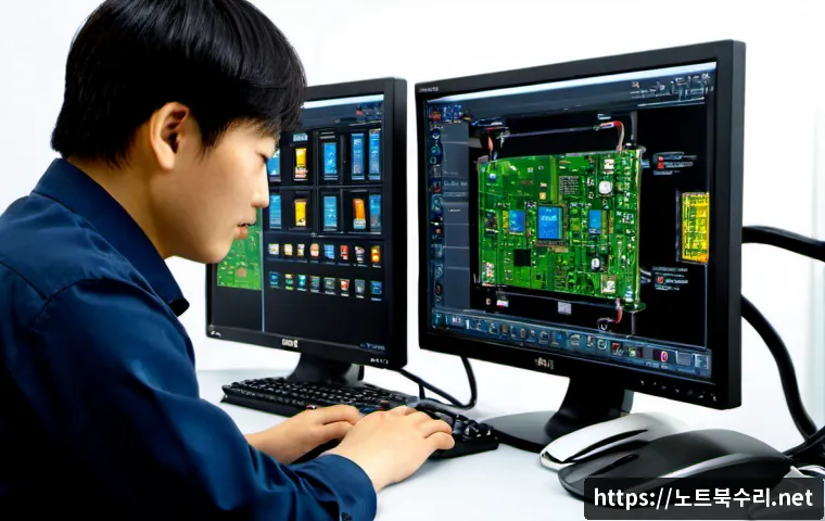 서동 입력신호가 없습니다 - Photorealistic dual-monitor CAD workstation in a compact electronics repair office, one screen showi...