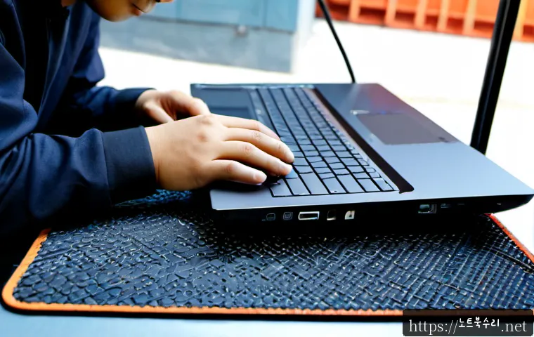 용강동 맥북프로 판매 및 수리 - Photorealistic electronics workshop in Yonggang-dong, Seoul, technician carefully repairing a premiu...