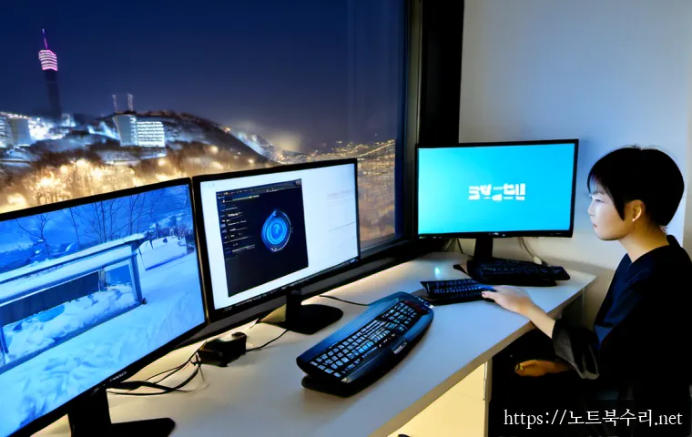 창신동 KERNEL_STACK_INPAGE_ERROR - Photorealistic remote IT support workstation in a compact Changsin-dong hillside studio, dual monito...