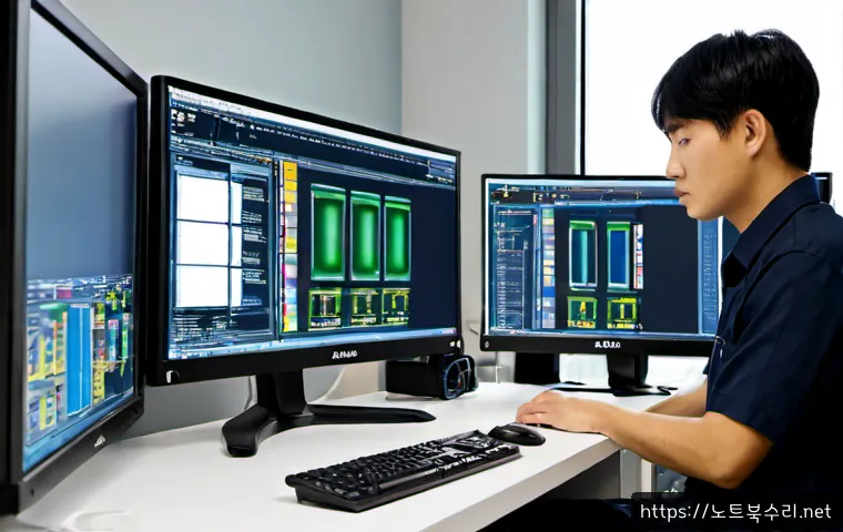장단면 SYSTEM_SERVICE_EXCEPTION - Photorealistic dual-monitor engineering workstation, a desktop computer paused during a system crash...