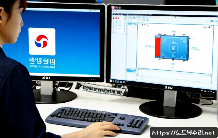 권선구 SYSTEM_LICENSE_VIOLATION - Photorealistic software engineering workstation in Gwonseon-gu, Suwon, dual monitors showing a gener...