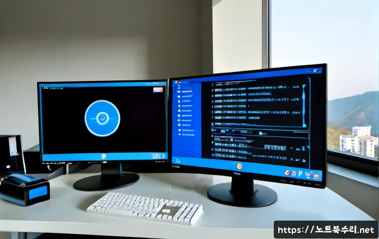 신갈동 STATUS_KERNEL_CONFIGURATION_ERROR - Photorealistic IT support workstation in a modern Singal-dong apartment office, dual monitors showin...