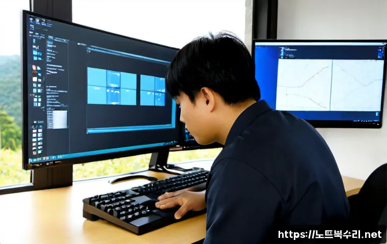 광탄면 STATUS_KERNEL_THREAD_INTERRUPTED - Photorealistic IT support workstation in a quiet rural Korean office near wooded hills, technician e...