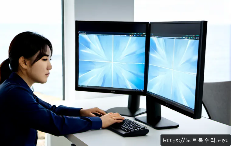 서도면 IO1_INITIALIZATION_FAILED - Photorealistic remote-support workstation in a quiet island township office, dual monitors showing a...