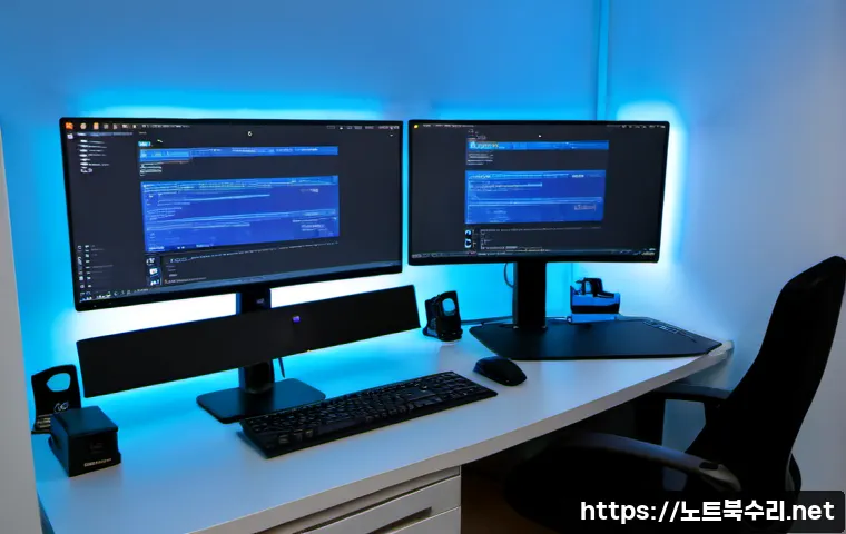 선주지동 STATUS_KERNEL_REGISTRY_ERROR - Photorealistic IT support workstation in a compact apartment office, dual monitors showing a text-fr...