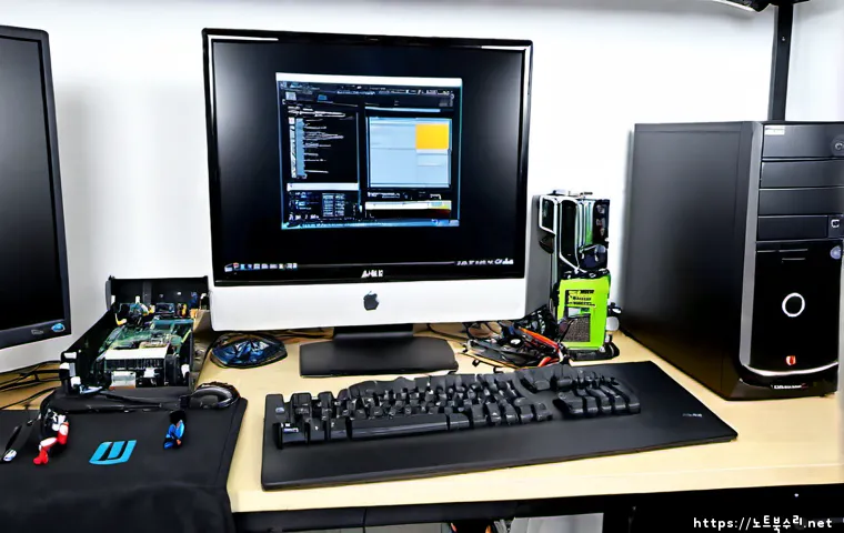 호동 HARDWARE_FAILURE - Photorealistic IT support workstation in a compact Korean electronics repair office, desktop tower o...