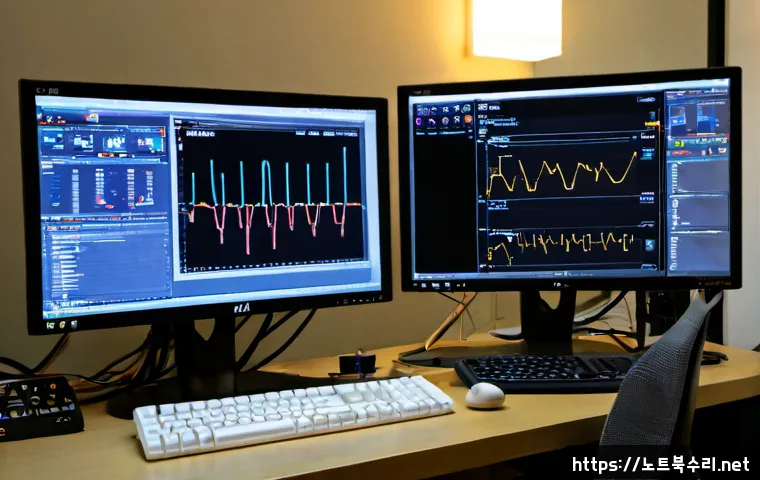 청진동 STATUS_KERNEL_MEMORY_LEAK - Photorealistic IT support workstation in a modern office near a subtle historic Seoul alley, dual mo...