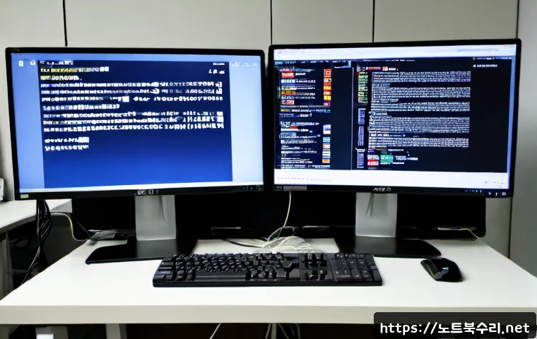 단현동 SYSTEM_LICENSE_VIOLATION - Photorealistic IT support workstation in a compact Danhyeon-dong office, dual monitors showing abstr...