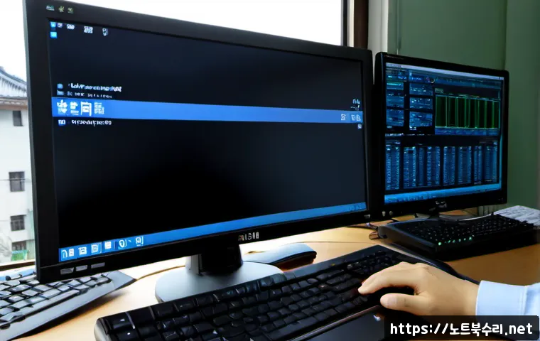 송촌동 STATUS_CONTROL_C_EXIT - Photorealistic compact IT support workstation in a quiet Korean residential-commercial district, dua...