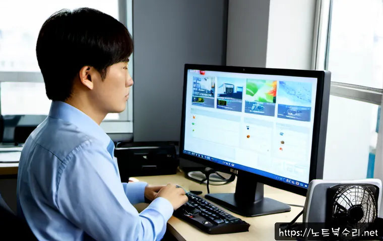 황계동 STATUS_FILE_CORRUPTION - Photorealistic remote-support workstation in a compact Hwanggye-dong office, IT technician examining...