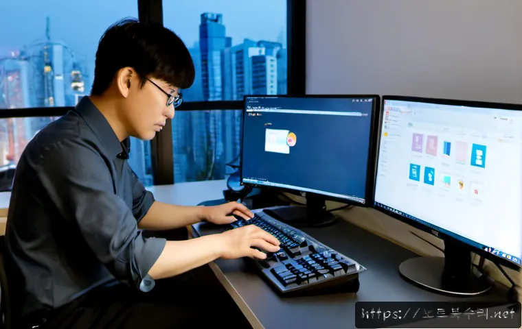 구월동 STATUS_KERNEL_UNSUPPORTED_DEVICE - Photorealistic IT support workstation in a modern Guwol-dong office, dual monitors showing a clean C...