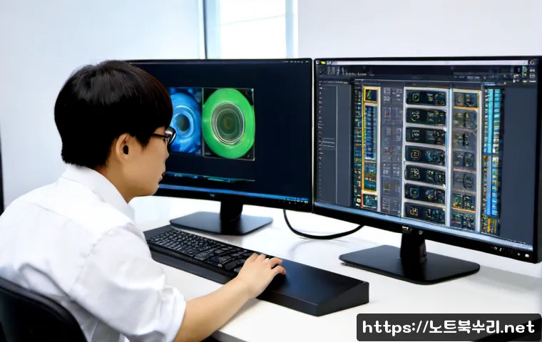 남동 STATUS_NO_MEMORY - Photorealistic IT support workstation in a Namdong industrial office, dual monitors showing abstract...