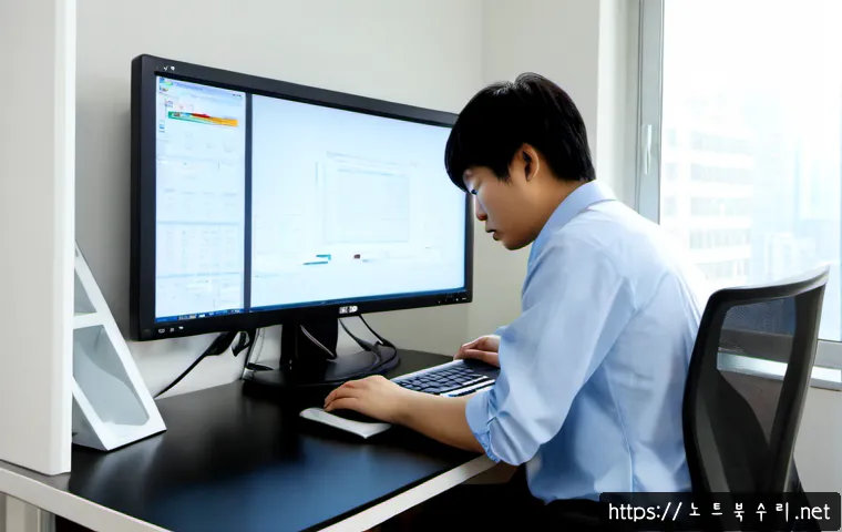 원남동 STATUS_ACCESS_VIOLATION - Photorealistic software support workstation in a compact Wonnam-dong office, frustrated technician s...
