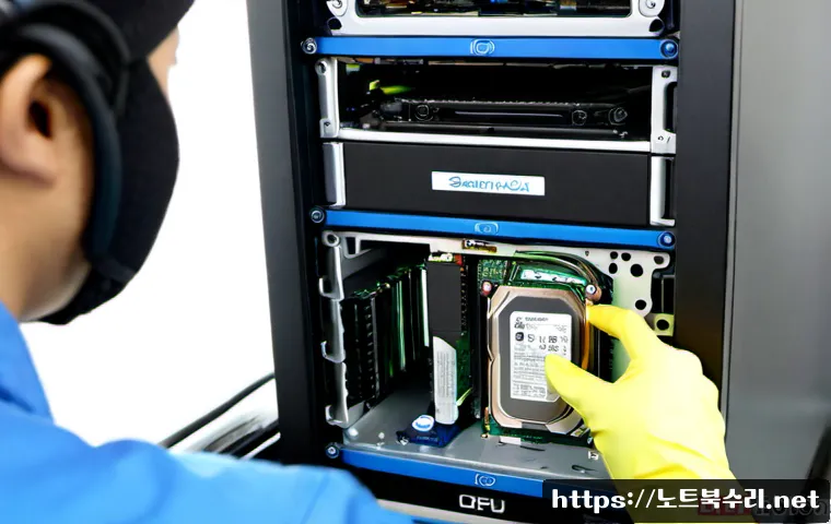 상록구 HDD조립 및 교체수리 - Photorealistic desktop repair workstation in Sangnok-gu, technician wearing anti-static gloves insta...
