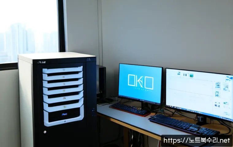 마곡동 HARDWARE_FAILURE - Photorealistic IT repair workstation in a modern Magok-dong technology office, opened desktop tower ...