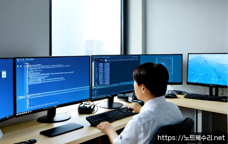 쌍림동 BAD_SYSTEM_CONFIG_INFO - Photorealistic IT support workstation in a compact Ssangnim-dong office, ultrawide monitor showing a...