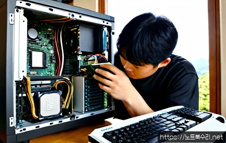 청운동 메인보드조립 및 교체수리 - Photorealistic desktop repair workstation in a quiet hillside neighborhood apartment, technician car...