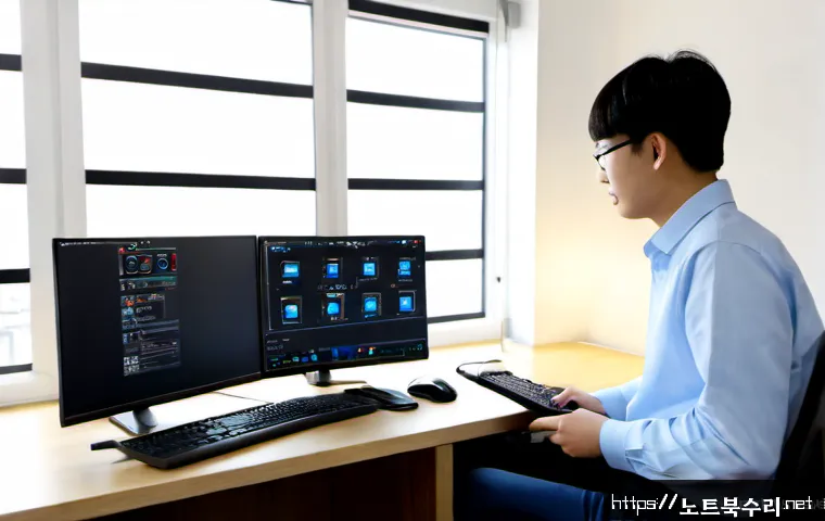 화서동 SESSION_HAS_VALID_VIEWS_ON_EXIT - Photorealistic remote-support workstation in a compact Hwaseodong apartment office, dual monitors di...